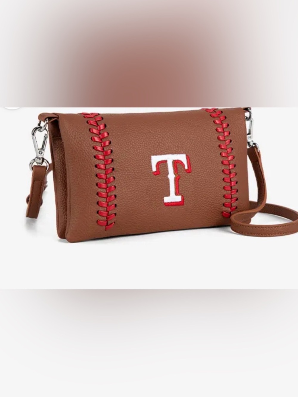 Brown Leather Crossbody Bag with Red Stitching and 'T' Accent